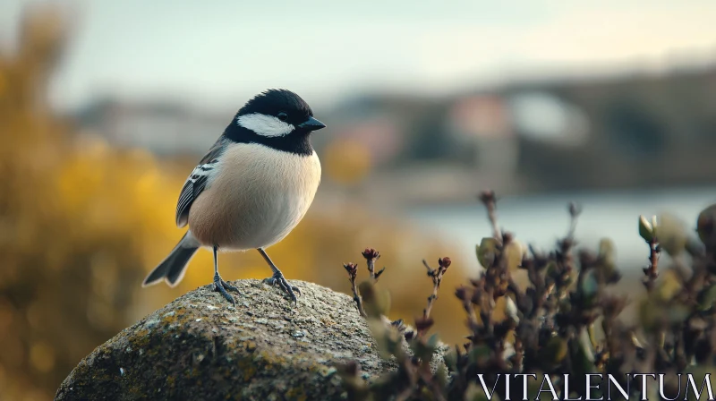 Small Bird on Rock Serene Scene AI Image