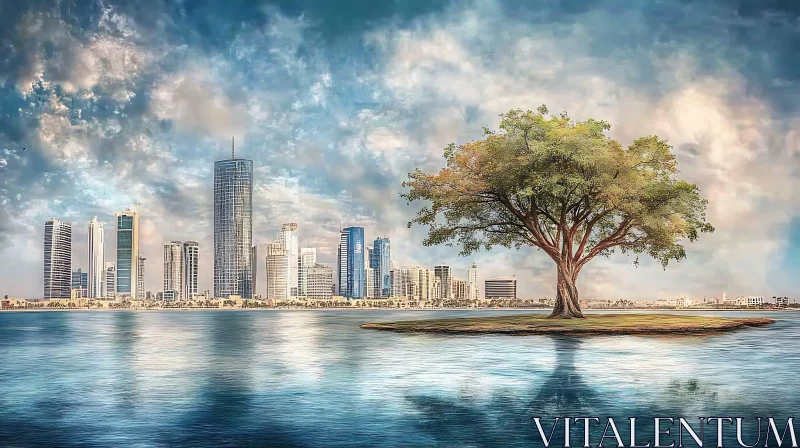 Urban Serenity: Island Tree and City AI Image