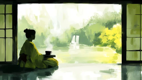 Woman enjoying tea in a serene landscape