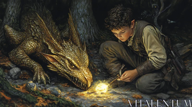 AI ART Fantasy Scene: Boy, Dragon, and Glowing Orb