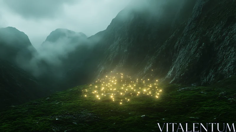 AI ART Glowing Meadow in Misty Mountains