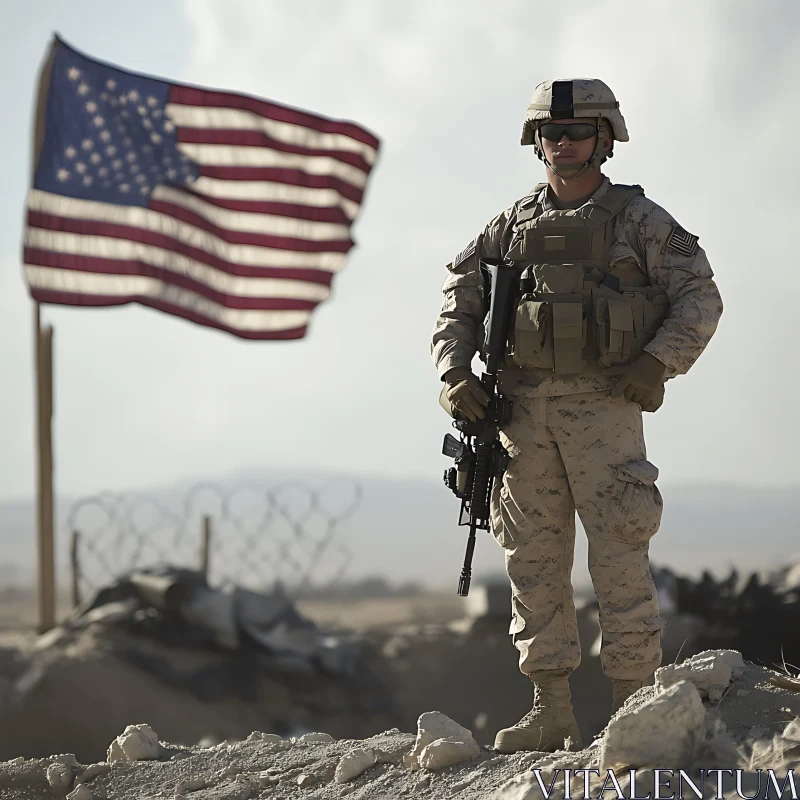 Portrait of Soldier with American Flag AI Image