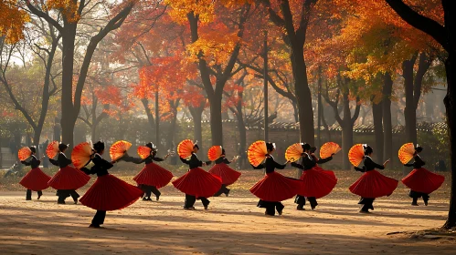 Korean Dancers in Autumn Landscape