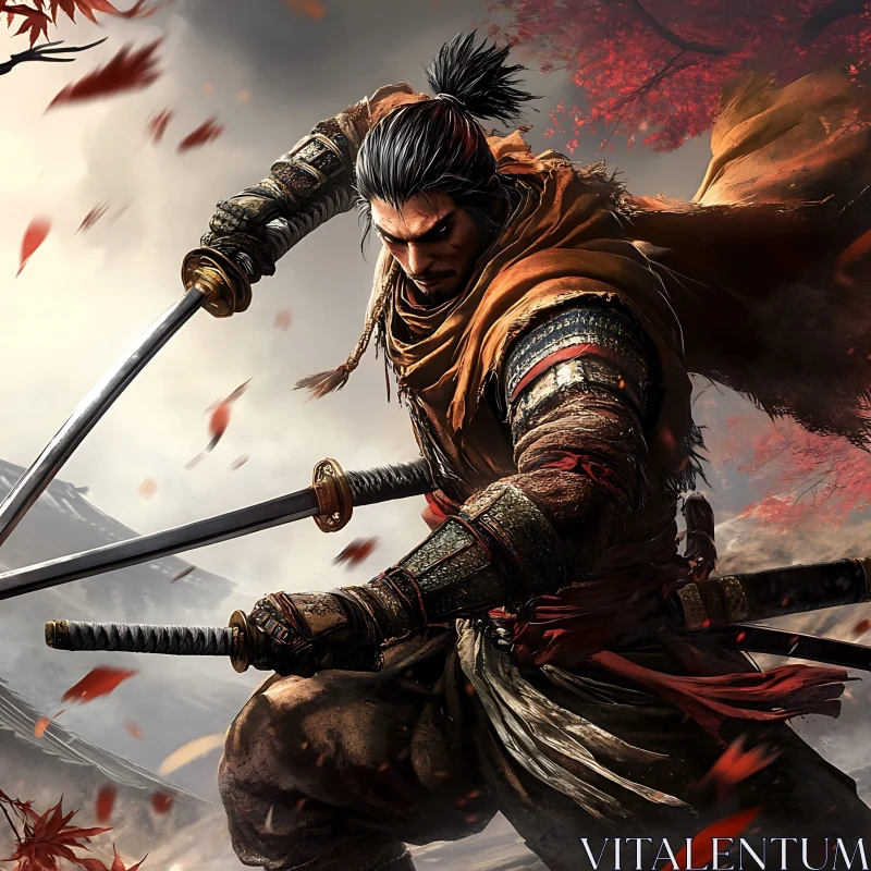 Samurai in Autumn Landscape AI Image