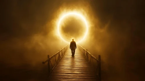 Figure on Bridge Approaching Luminous Portal