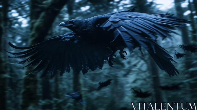 Black Raven Flight in Misty Woods AI Image