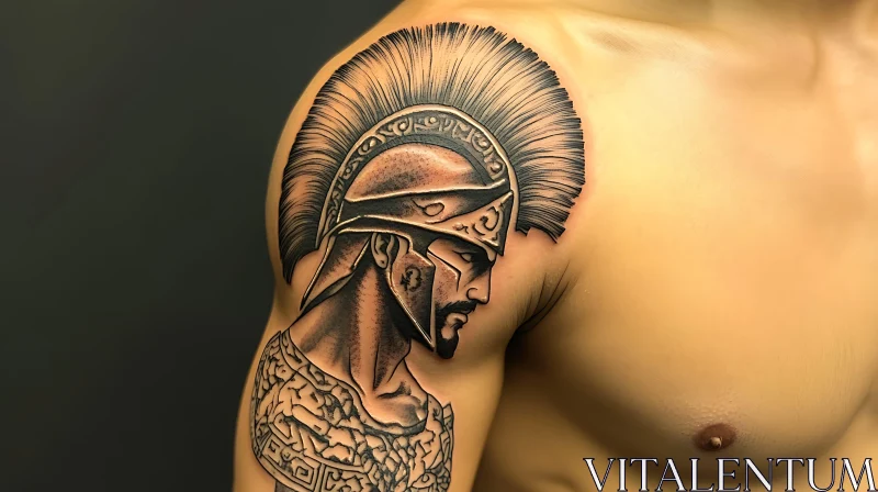 AI ART Warrior Helmet Tattoo on Shoulder