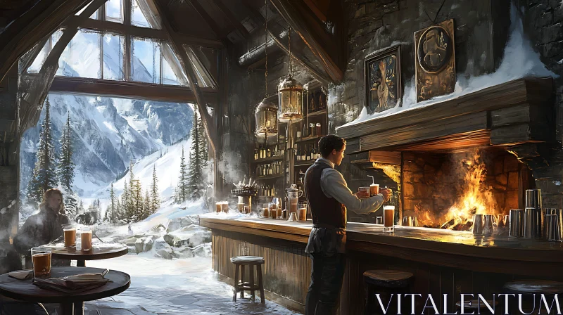 Winter Bar Scene by the Fireplace AI Image