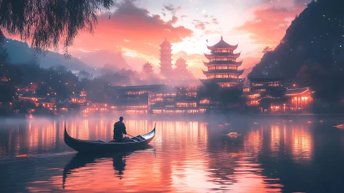 Tranquil Waters: Pagoda at Sunset