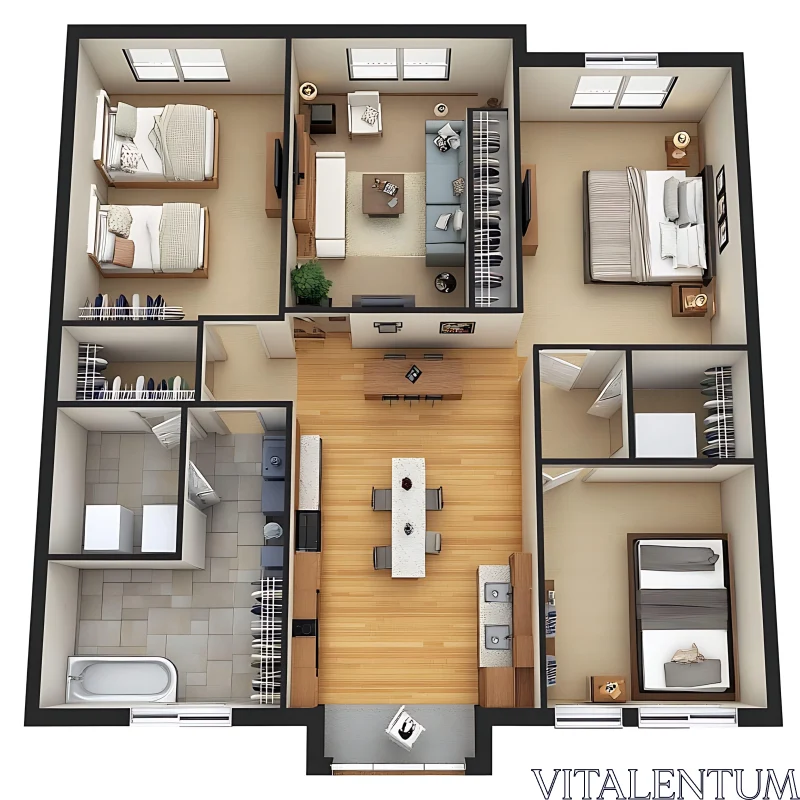 Apartment Layout Design with Three Bedrooms AI Image