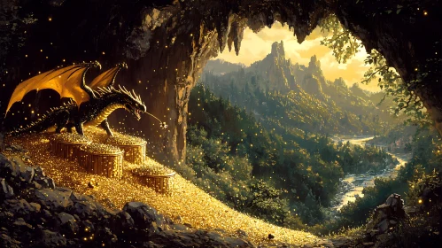 Golden Dragon in Mountain Cave