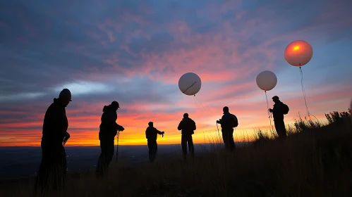 Silhouetted Figures at Dusk with Balloons