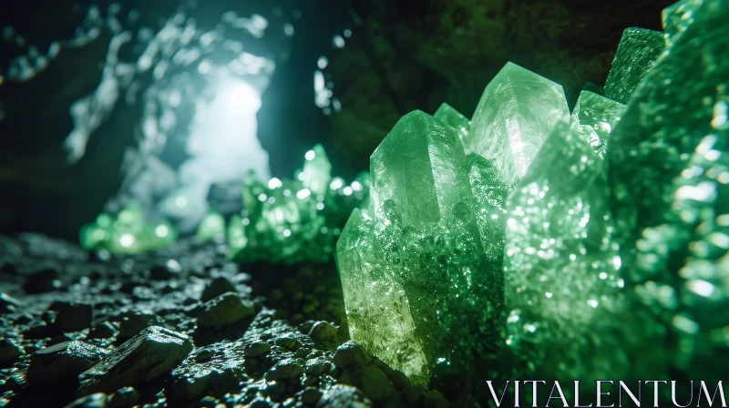 Enigmatic Cave with Glowing Green Crystals - A Captivating Image AI Image