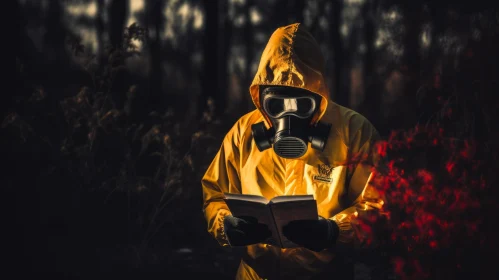 Enigmatic Yellow Gas Mask Man Reading a Book in Organic Biomorphism Style