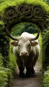 Whimsical Forest Scene: White Cow Emerging from Archway