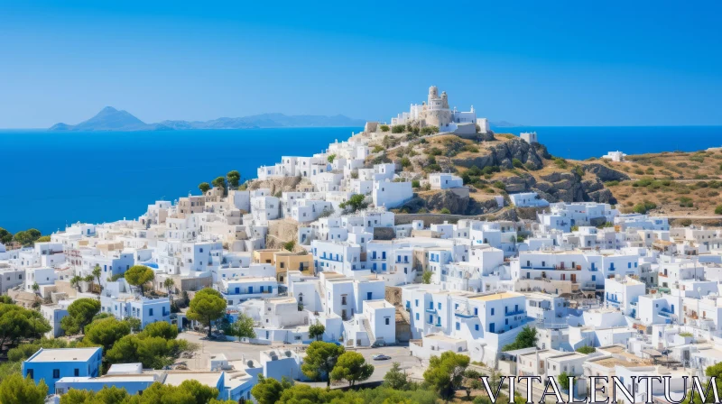 White Mediterranean Village Overlooking Azure Sea AI Image