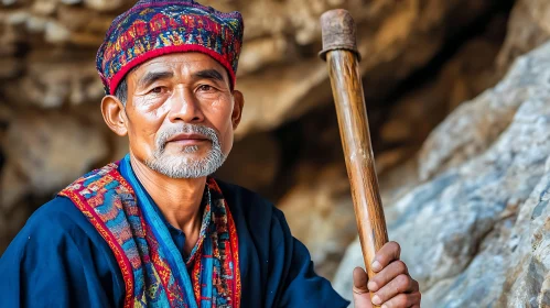 Man in Traditional Clothing Holding Staff