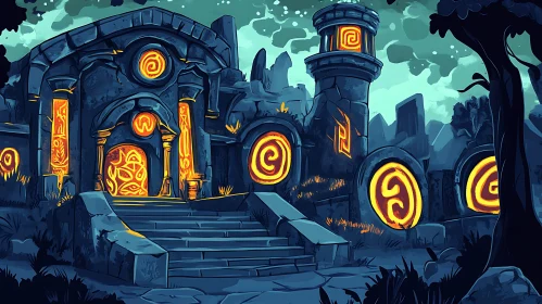 Glowing Symbols on Ancient Stone Building