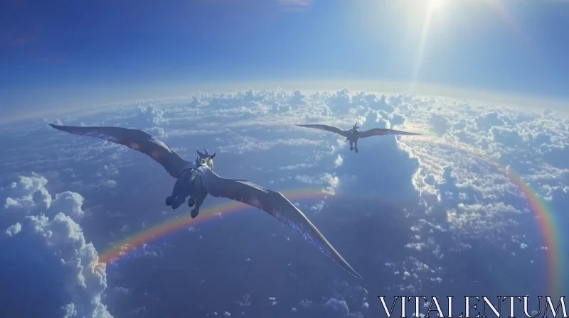 Winged Horses in Sky with Rainbow AI Image