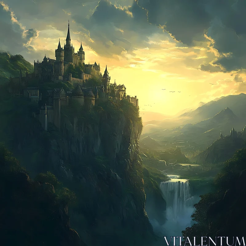 Cliffside Castle and Waterfall Landscape AI Image