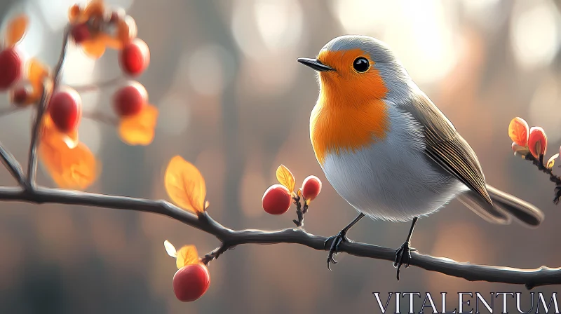 Autumn Robin with Berries AI Image