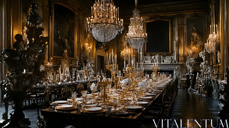 Lavish Interior with Grand Dining Table and Chandeliers AI Image