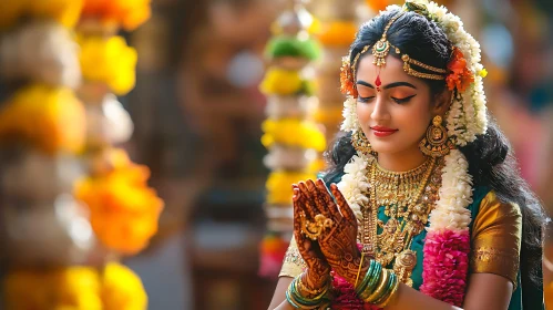 Woman Praying in Traditional Indian Attire