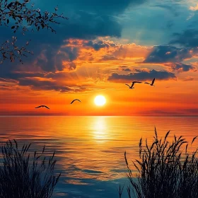 Seascape Sunset with Birds