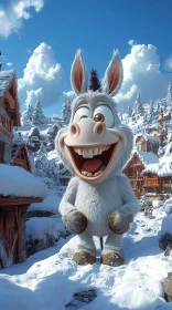 Joyful Cartoon Donkey in Snowy Village