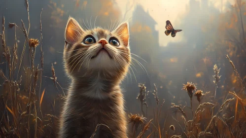 Kitten in Sunlit Field with Butterfly