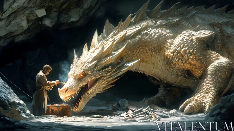 Man and Dragon in Cave AI Image