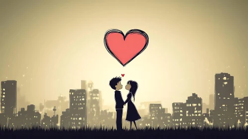 Heart Above City: A Couple's Silhouette