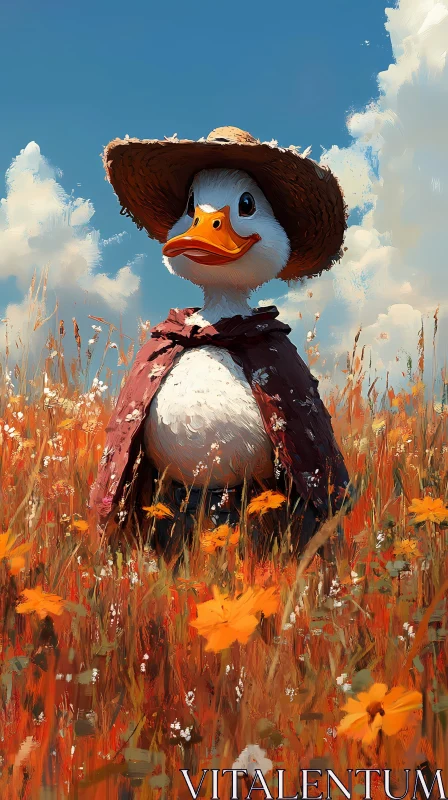 Artistic Duck with Straw Hat in Nature AI Image