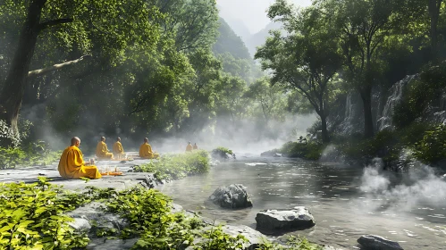 Monks in Tranquil Forest Setting