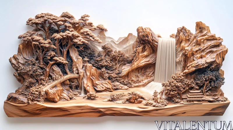 AI ART Intricate Wood Carved Mountain Waterfall Scene