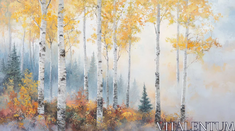 Misty Autumn Birch Trees in a Colorful Forest AI Image