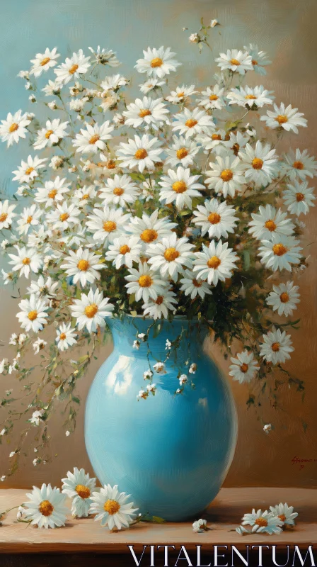 AI ART White Daisies in Bright Blue Vase Painting