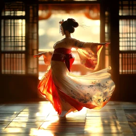 Graceful Kimono Dance in Golden Sunlight