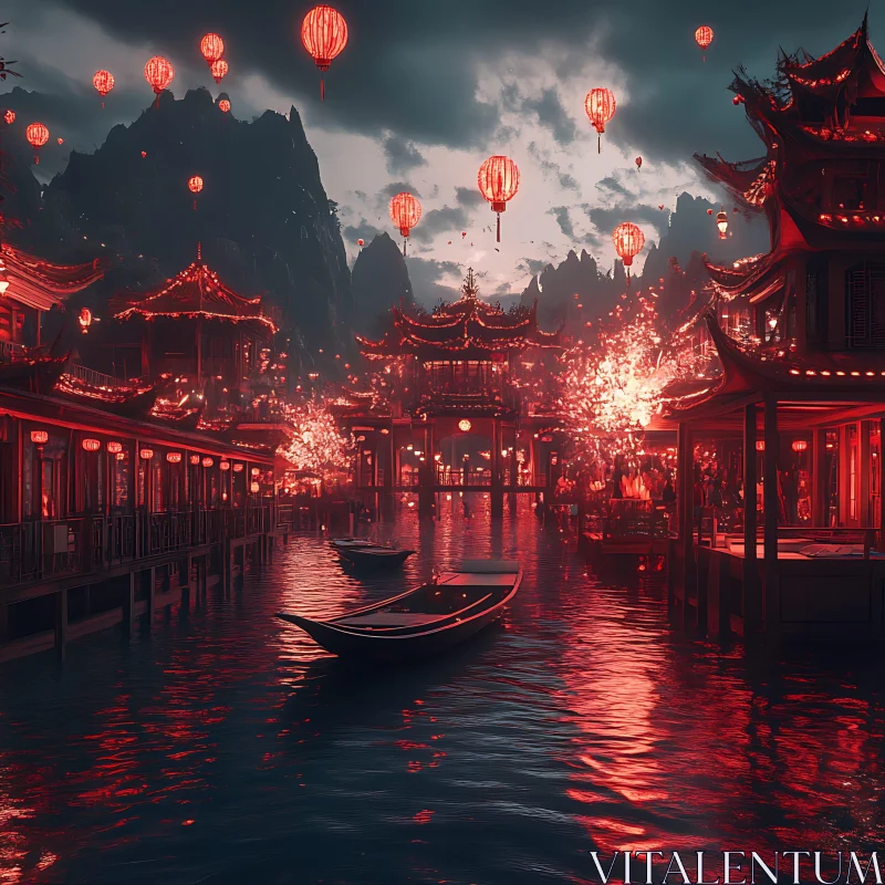 AI ART Serene Asian Waterscape with Lanterns