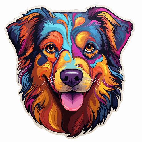 Australian Shepherd Cartoon Portrait with Multicolored Fur POD Design