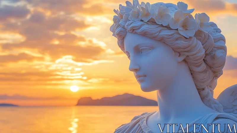 Floral Crowned Statue by the Sea AI Image