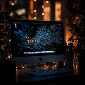 Nighttime Workspace with Warm Lighting and Plants