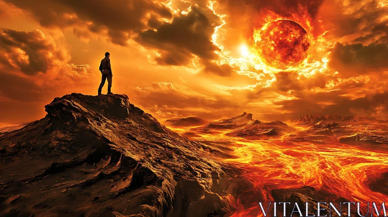Man on Peak with Fiery Planet View AI Image
