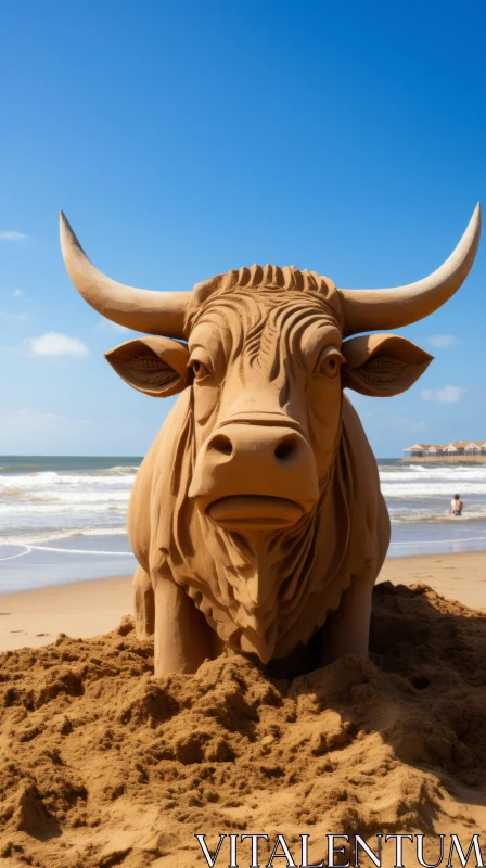 Bull Sand Sculpture on Beach - A Blend of Tradition and Fauvism AI Image