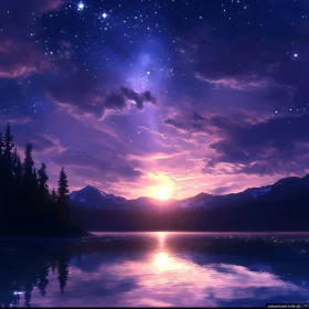 Lake at Sunset with Starry Sky