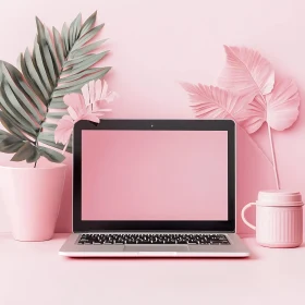 Pink-Themed Workspace with Laptop and Decorative Plants