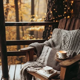 Autumn Forest Balcony with Knitted Blanket and Coffee