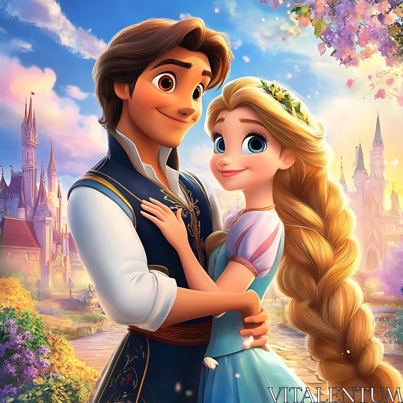 Cartoon Couple Embrace Near Fairytale Castle AI Image