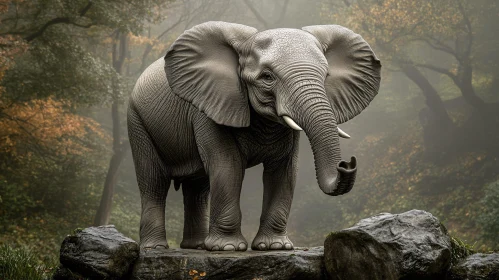 Elephant in Misty Autumn Forest