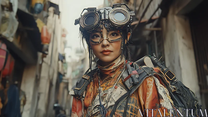 AI ART Woman with Goggles in Decaying City